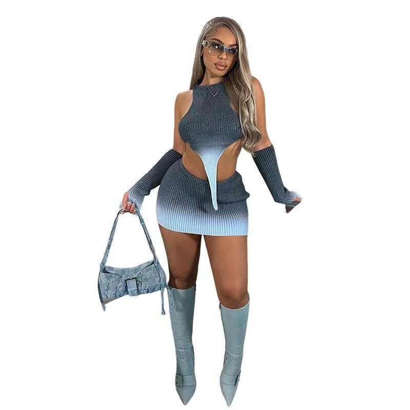 Knitted Gradient Irregular Top High Waist Skirt Set by GJG Denim