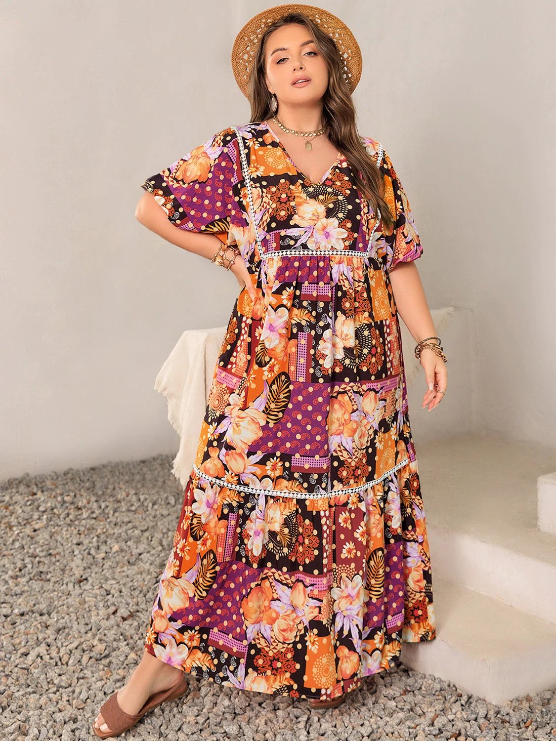 Plus Size Printed V-Neck Half Sleeve Maxi Dress by Lady Ros