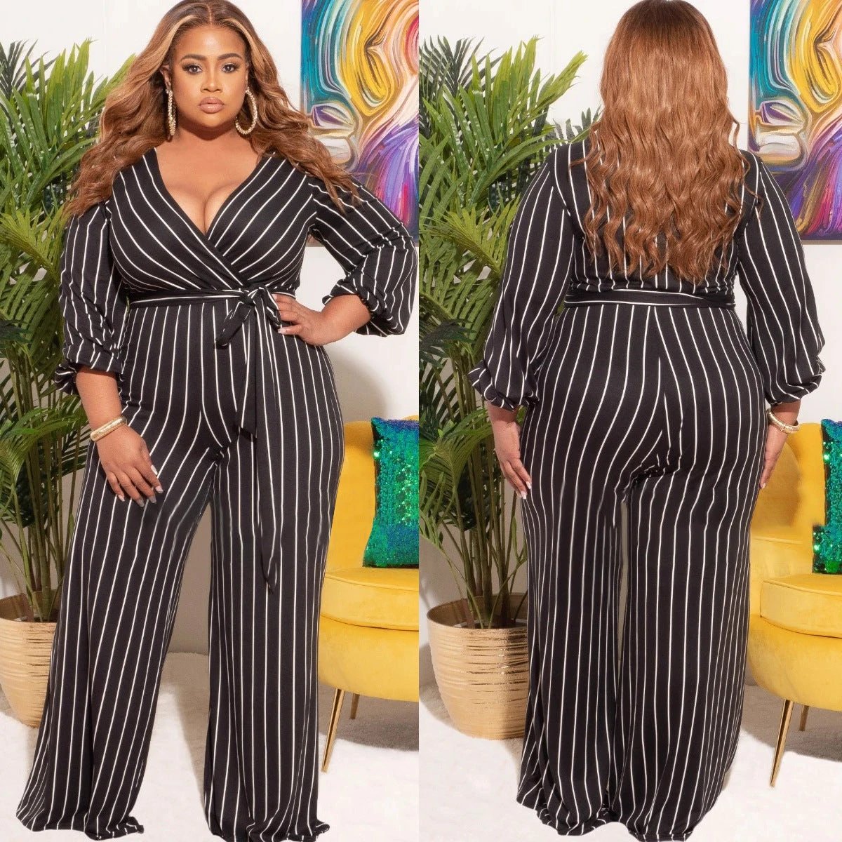 Women's Placement Print Striped Plus Size V-Neck Jumpsuit by GJG Denim