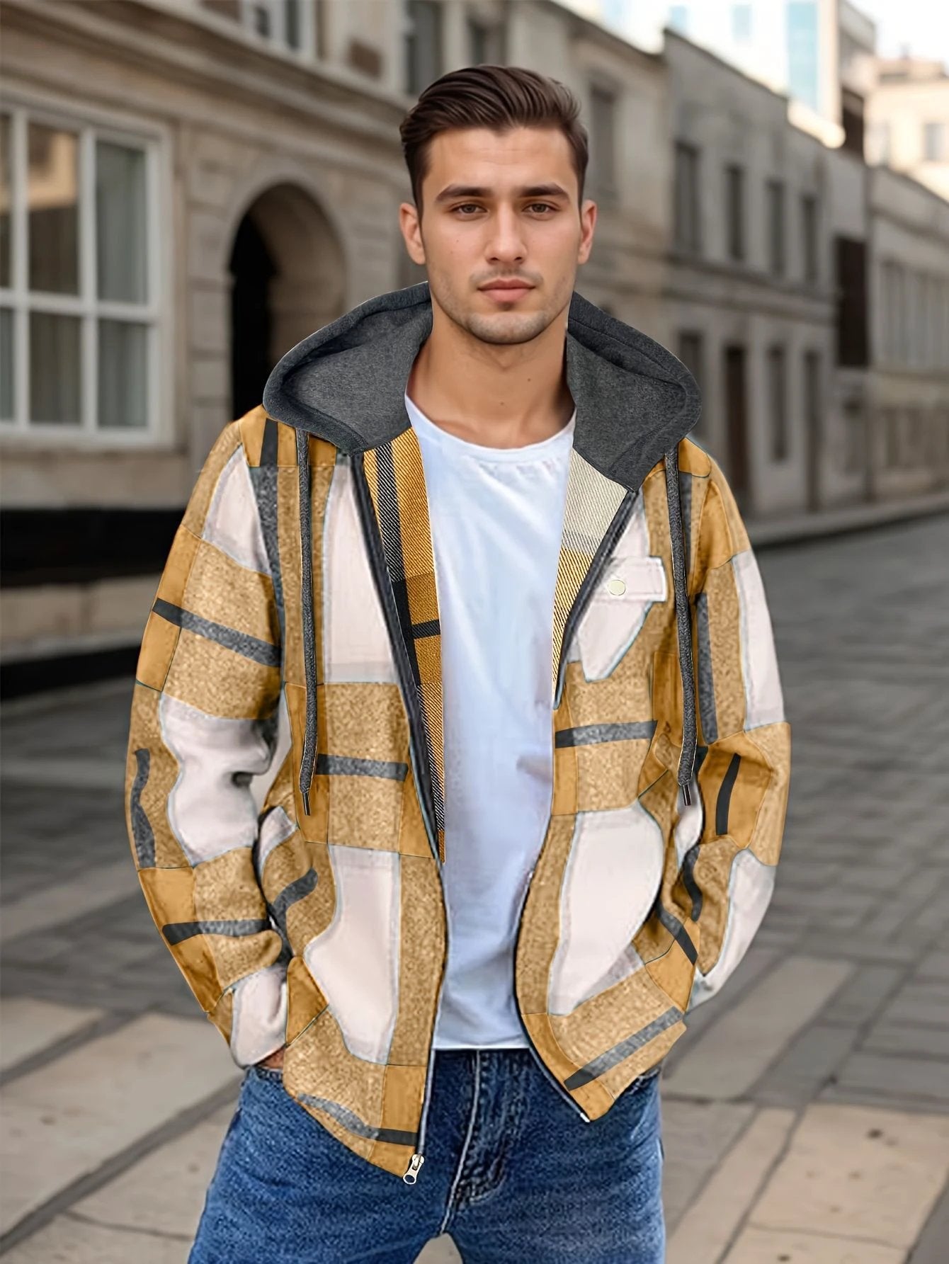 Men's Flannel Jacket Zipper Hooded Jacket by GJG Denim