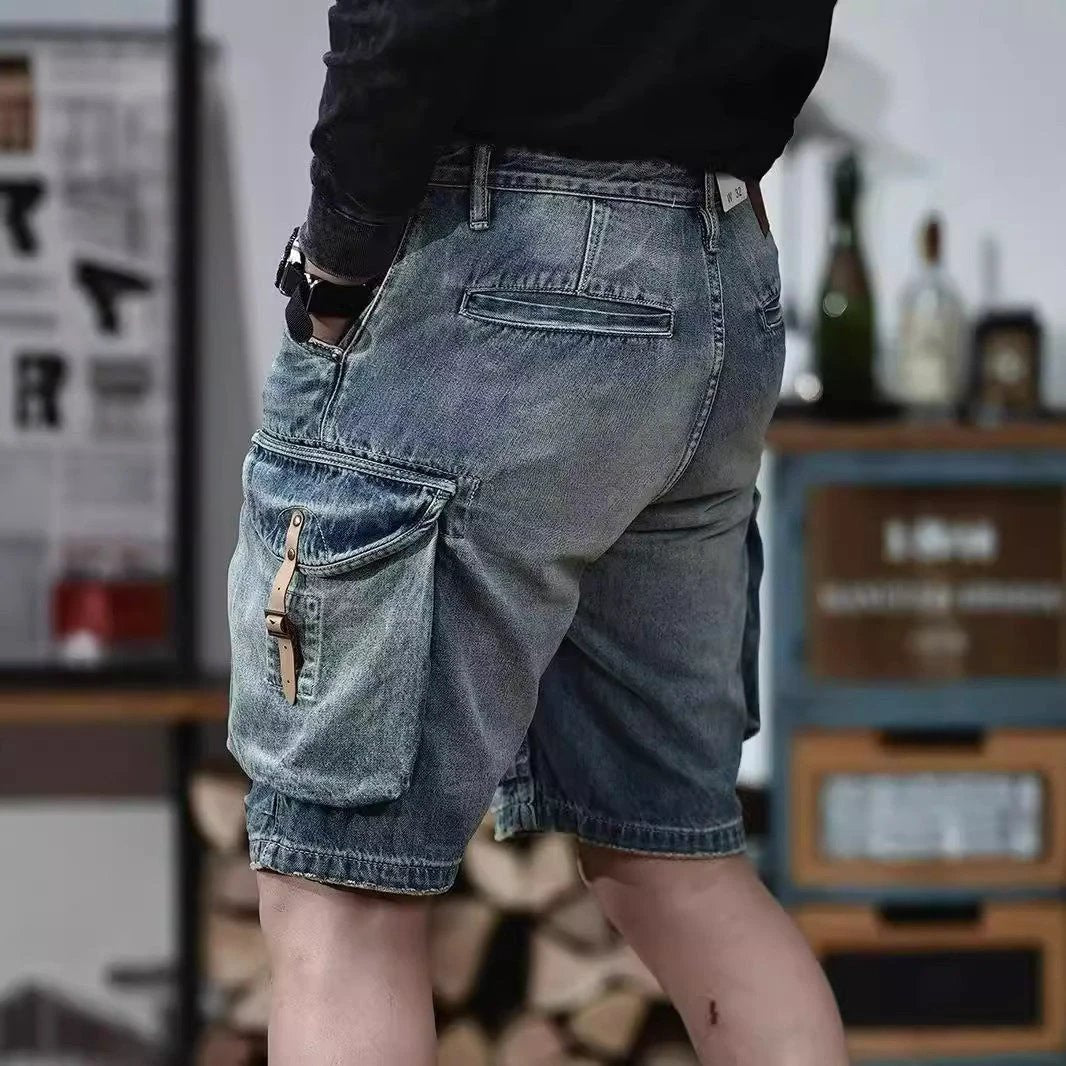 Men's Blue Denim Cargo Shorts by GJG Denim
