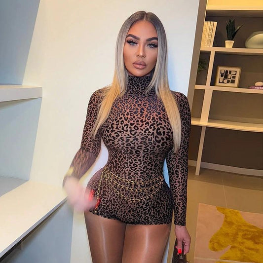 Half Turtleneck Leopard Print Slim Fit Slimming romper Women by GJG Denim