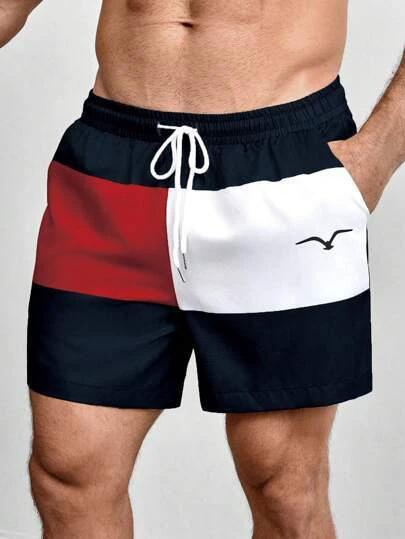 Printed Drawstring Waist Diagonal Pocket Casual Shorts For Men by GJG Denim