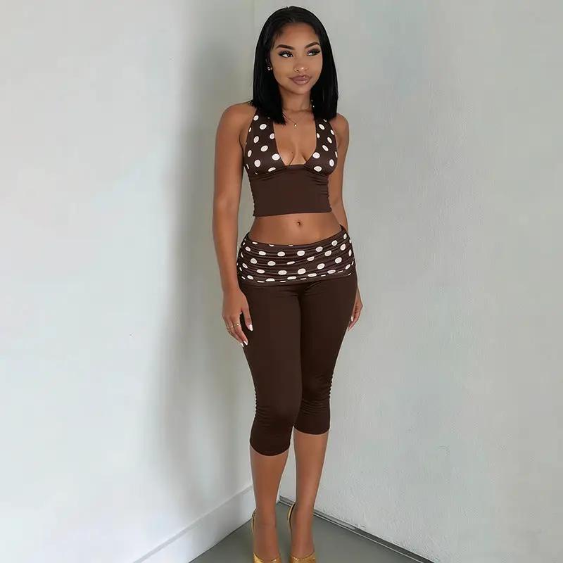 Women's Polka-Dot Printed High-Waisted Cropped Pants Set by GJG Denim