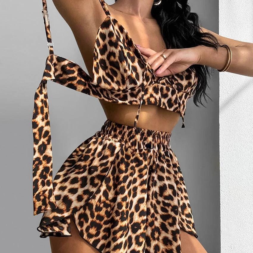 Leopard-print Camisole Cardigan And Short-sleeve Shorts Pajama Set by GJG Denim