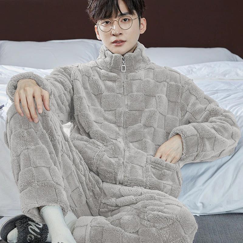 Pajamas Men's Jacquard Flannel Loose Fleece-lined Warm Loungewear by GJG Denim