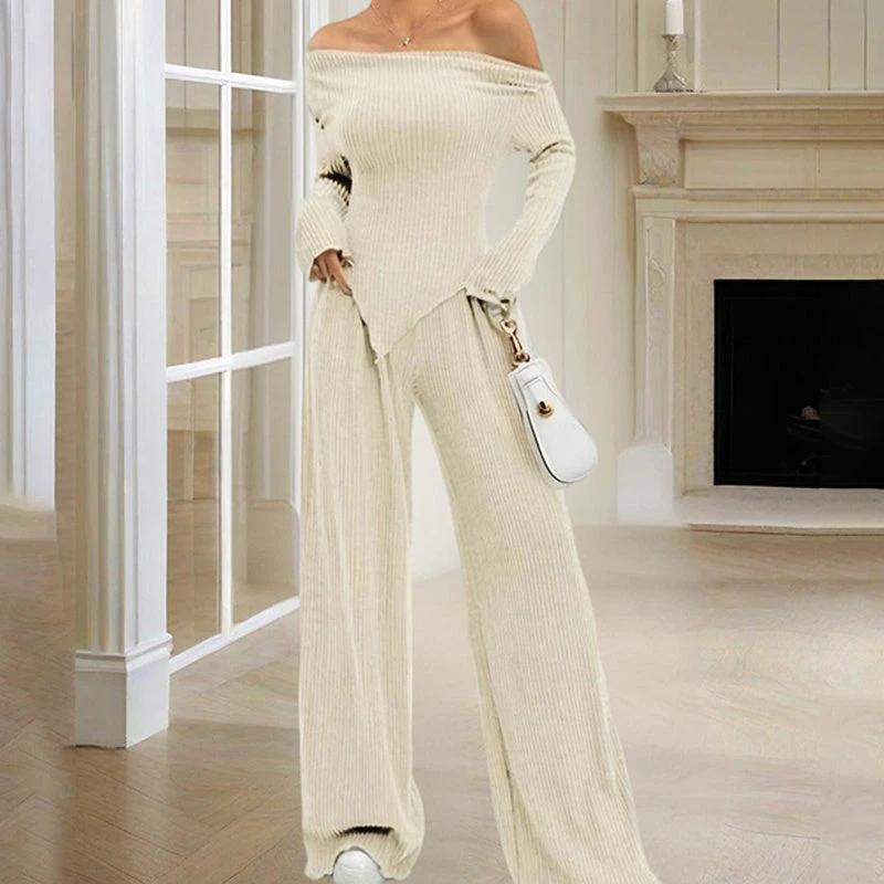 Women's Solid Color Off-Shoulder Long Sleeve Top & Pants Set - Elegant Asymmetrical Hem & Ruffes Cuff Casual Outfit by GJG Denim