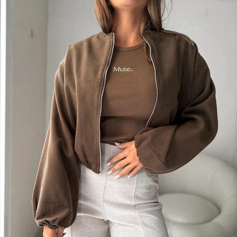 Women's Off-shoulder Round Neck Lantern Sleeve Short Coat by GJG Denim