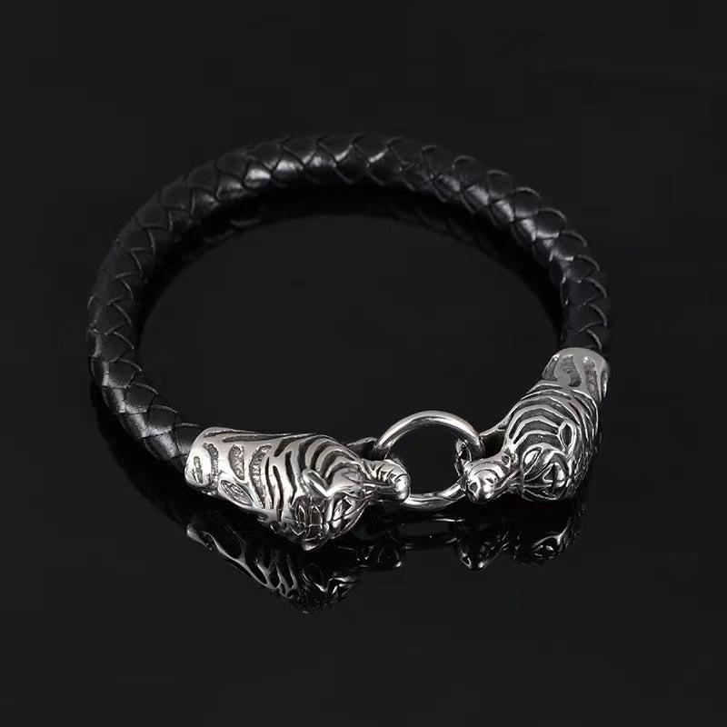 Men's Bold Retro Bracelet With Two Tiger Heads by GJG Denim