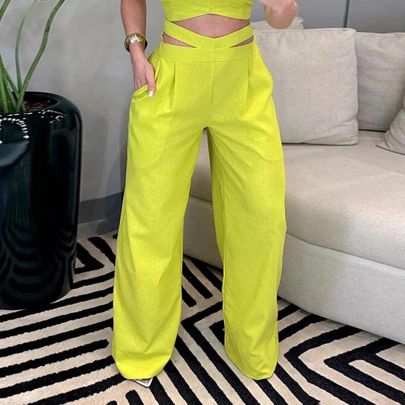 Backless Top Wide Leg Pants Yellow Set by GJG Denim