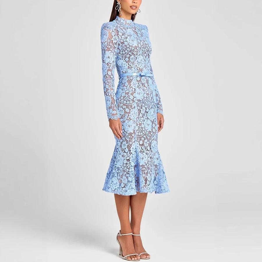 Slim Fit Slimming See-through Lace Hollow Belt Long Sleeve Fishtail Dress by GJG Denim