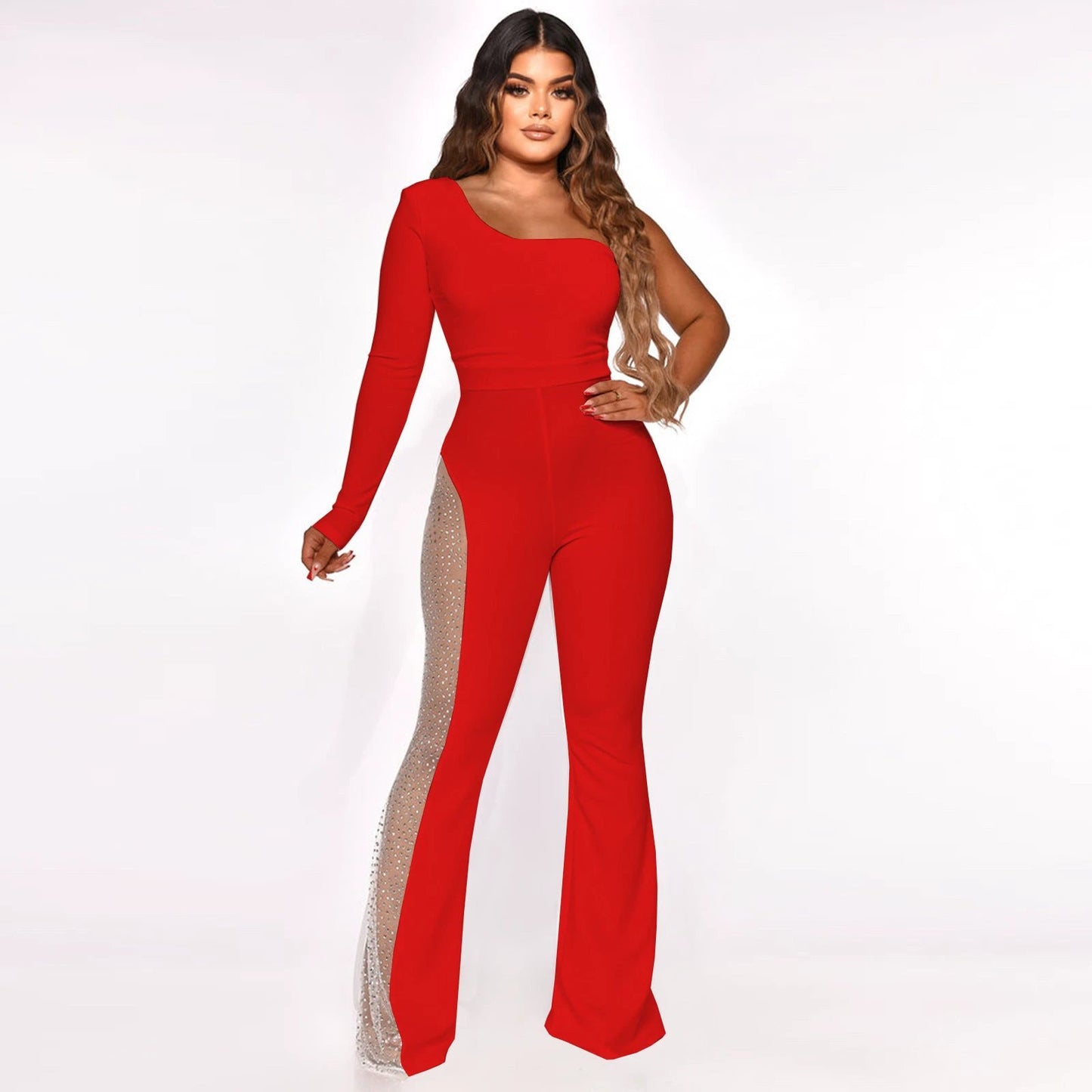 Fashion Mesh Patchwork Hot Drilling Micro-pull Jumpsuit by GJG Denim