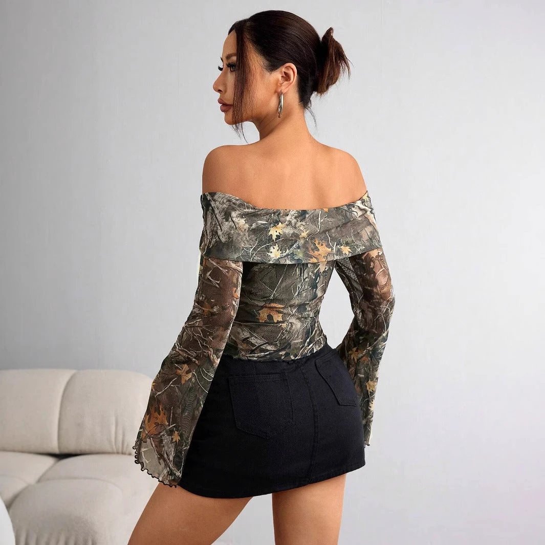 Mesh Printed Off-shoulder Long Sleeved Fitted T-shirt Top by GJG Denim