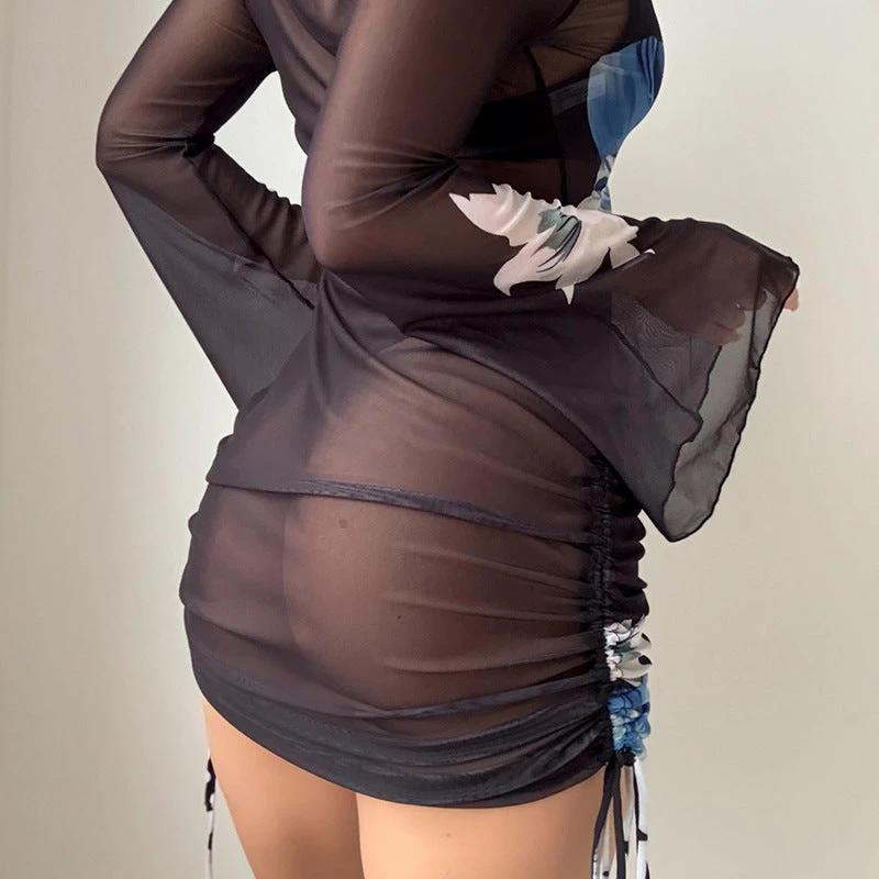 Mesh Long-sleeve Flared-sleeve Short cover up dress by GJG Denim