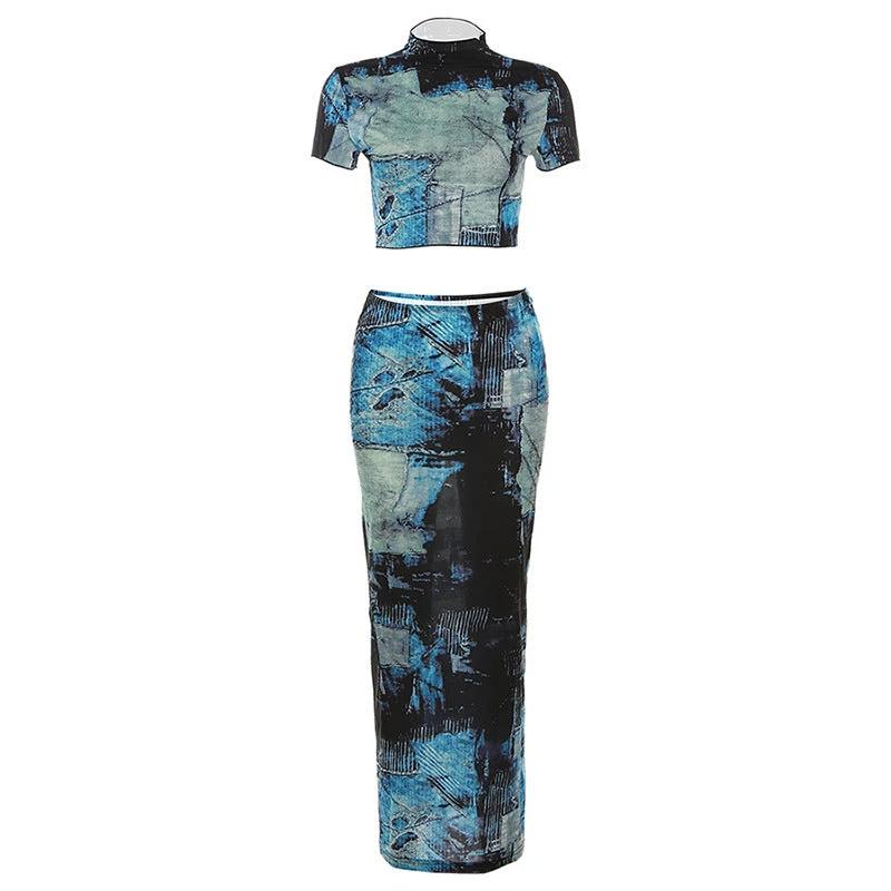 Round Neck Crop Top High Waist Hip Skirt Set by GJG Denim