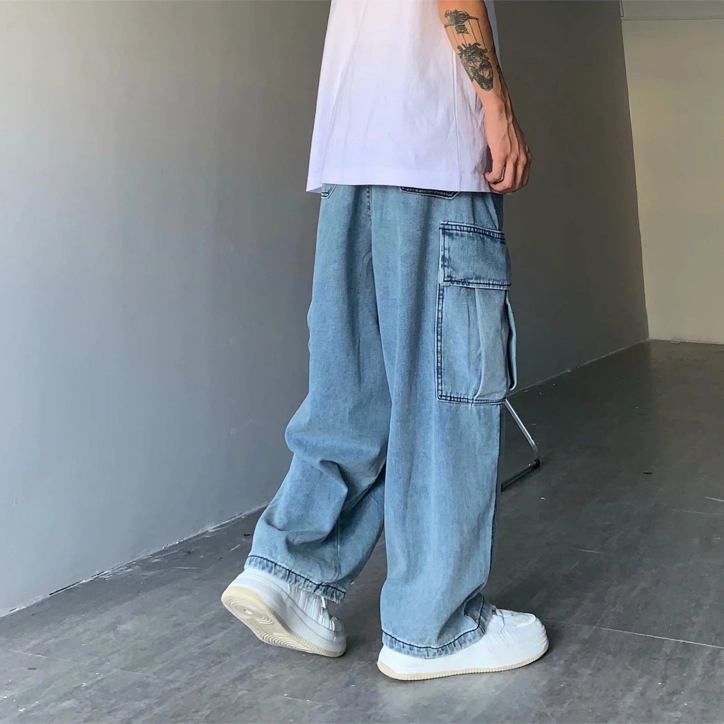 Men's Retro Drape Large Loose Cargo Jeans by GJG Denim