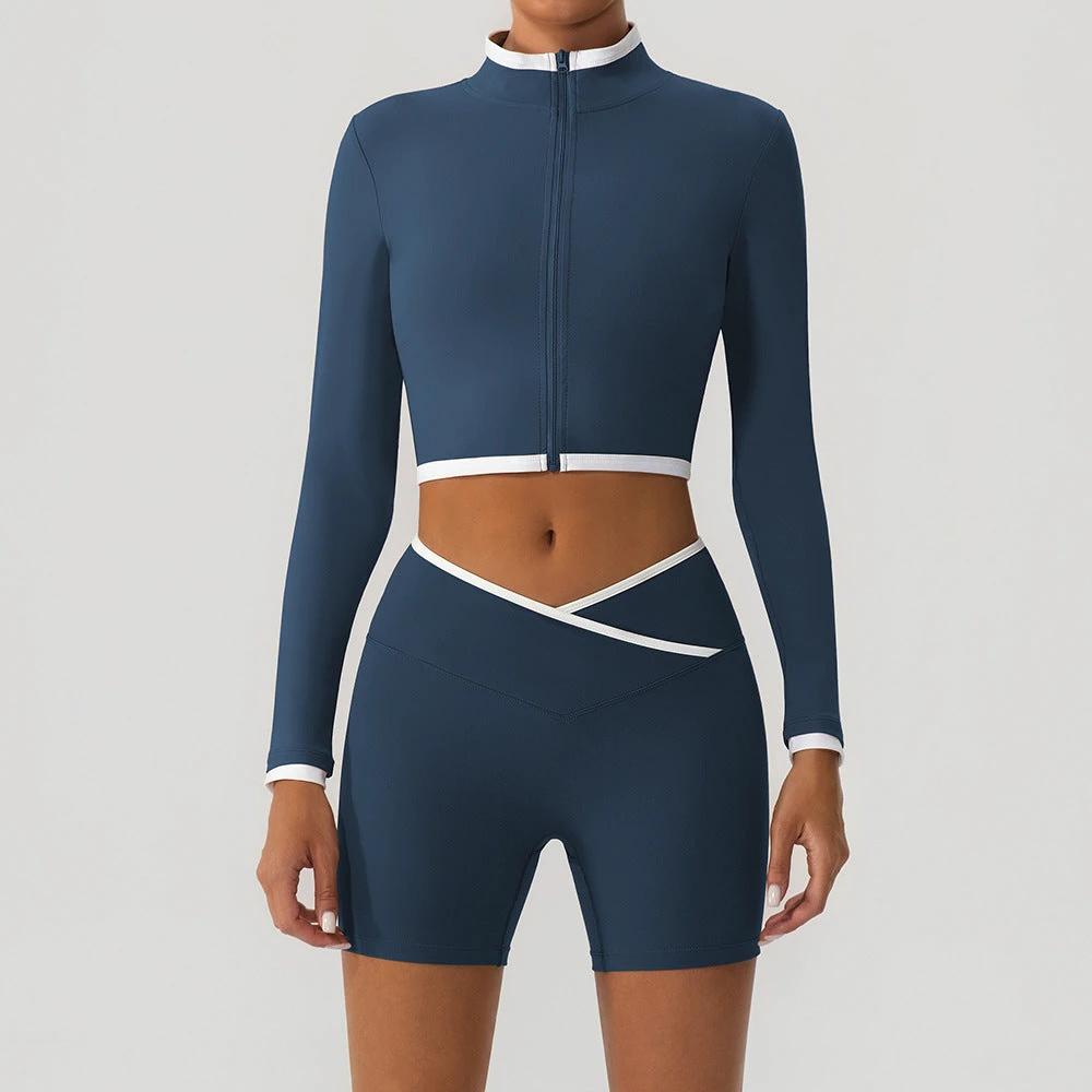 Shapewear Fitness Hip-Lifting Yoga Color-Block Jacket And Shorts Set by GJG Denim