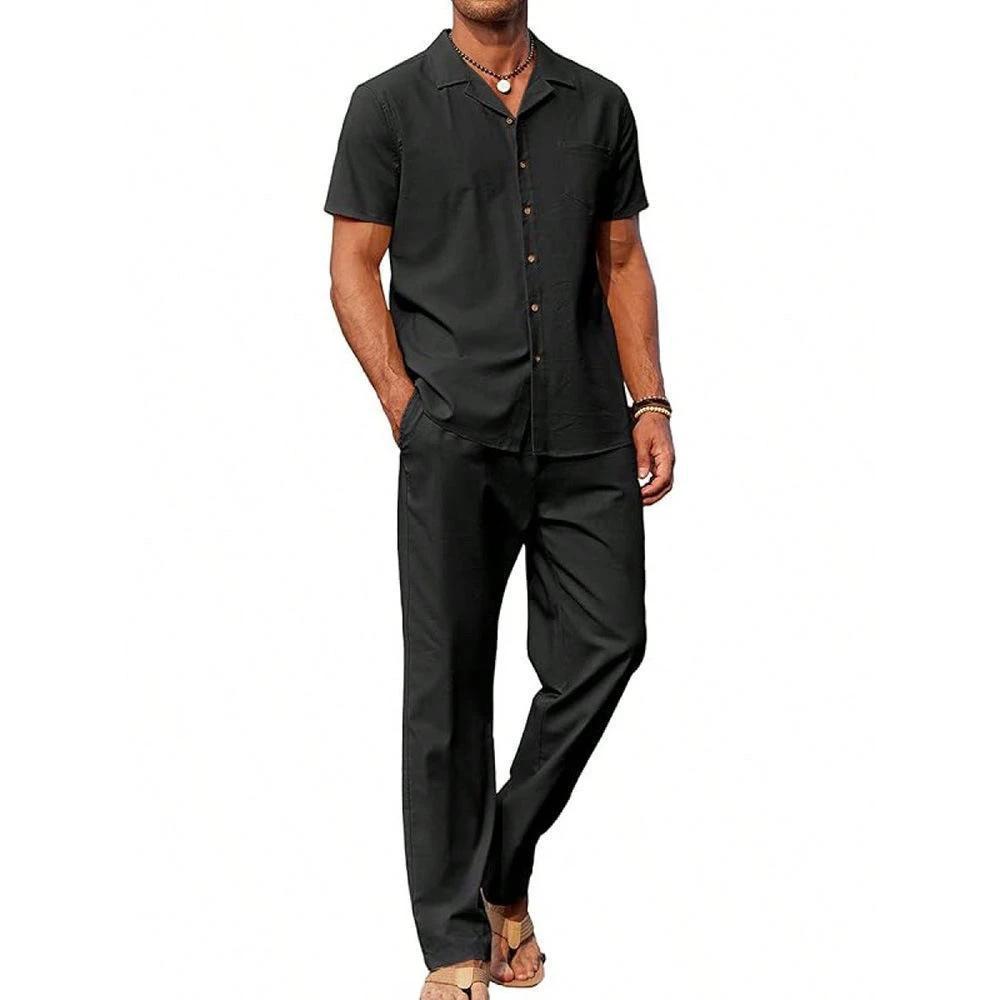 Men's Vintage Short-sleeve Shirt And Casual Trousers Two-piece Set by GJG Denim