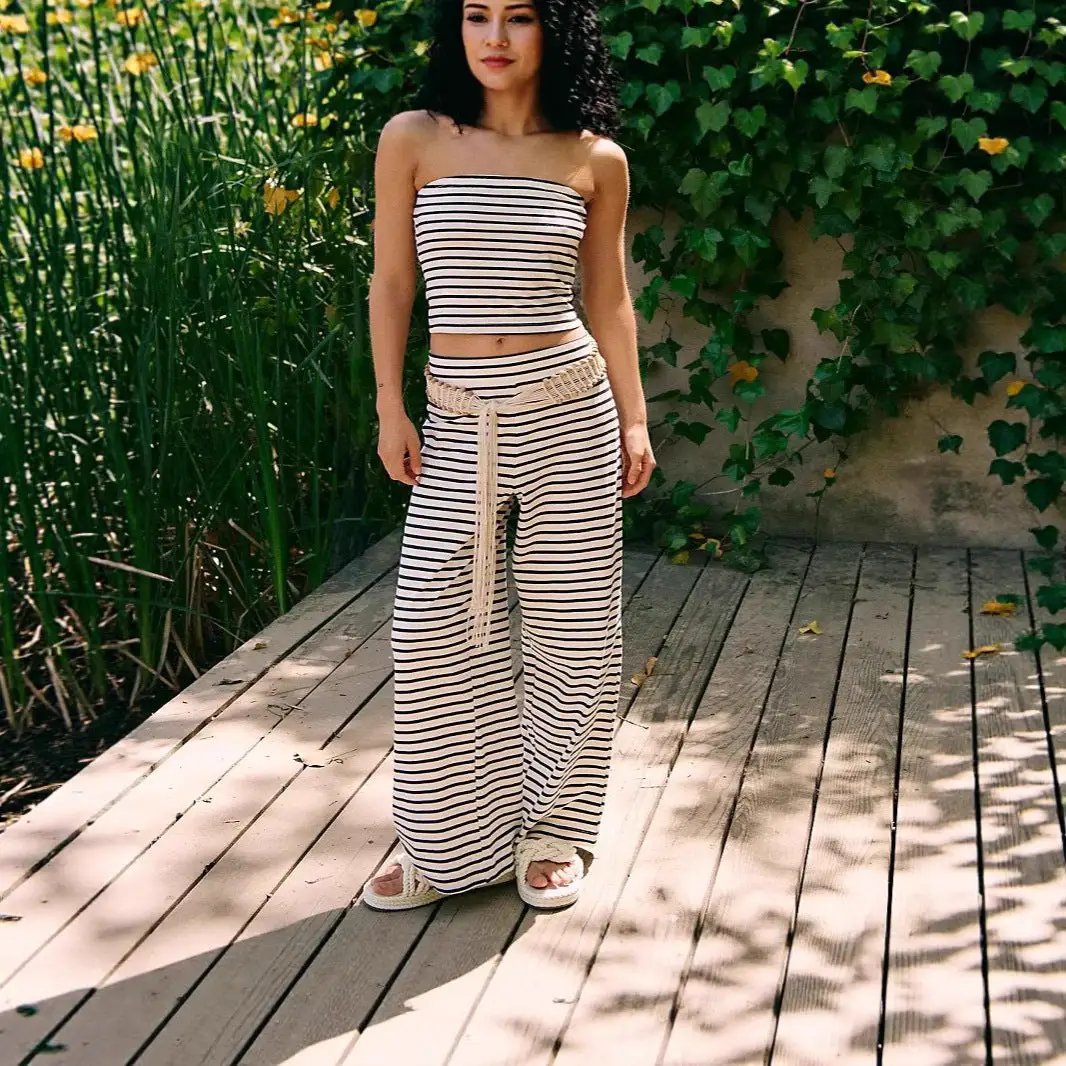 Printed Striped Tube Top And Pants Set by GJG Denim