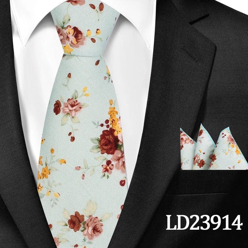 Men's Casual Cotton Floral Print 6cm Tie and Pocket Square by GJG Denim