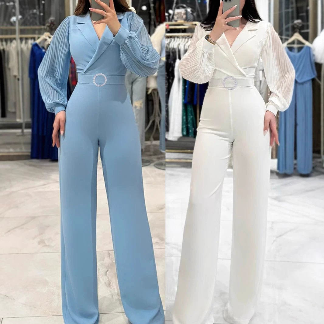Fitted Jumpsuit With Pleated Long Sleeves And A Blazer Collar by GJG Denim