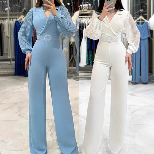 Fitted Jumpsuit With Pleated Long Sleeves And A Blazer Collar by GJG Denim