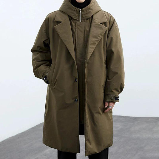 Men's Hooded Mid-length Trench Coat by GJG Denim