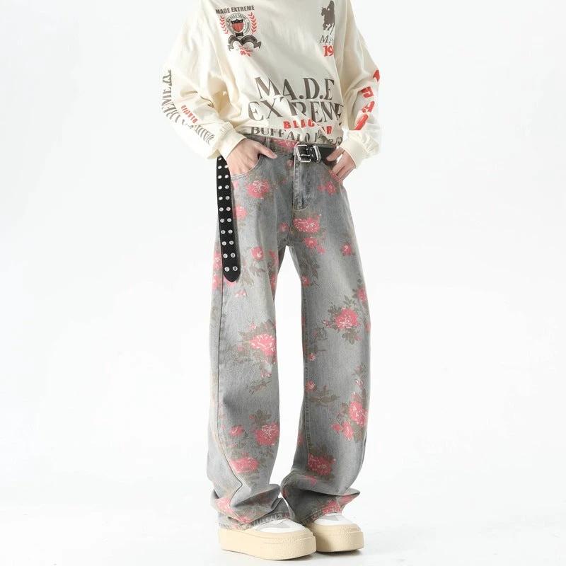 Men's Peony Jacquard Washed Loose Jeans by GJG Denim