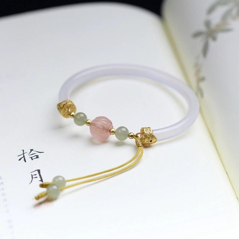 Natural White Agate Half Bracelet With South Red Lotus Beads Accessories S925 Silver by GJG Denim