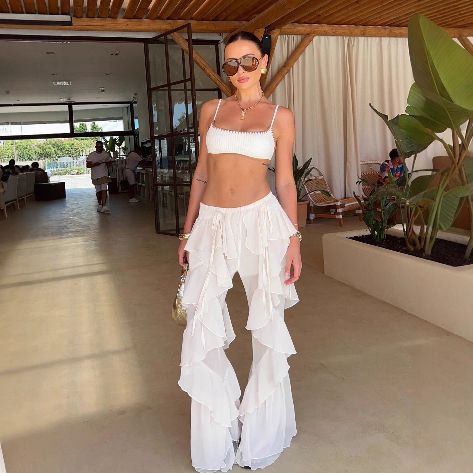 Womens Ruffle-Trimmed, Layered Mesh Pants by GJG Denim
