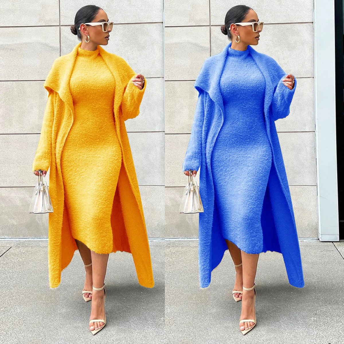 Autumn And Winter Elegant Dress Long Cardigan Velvet Two-piece Suit by GJG Denim