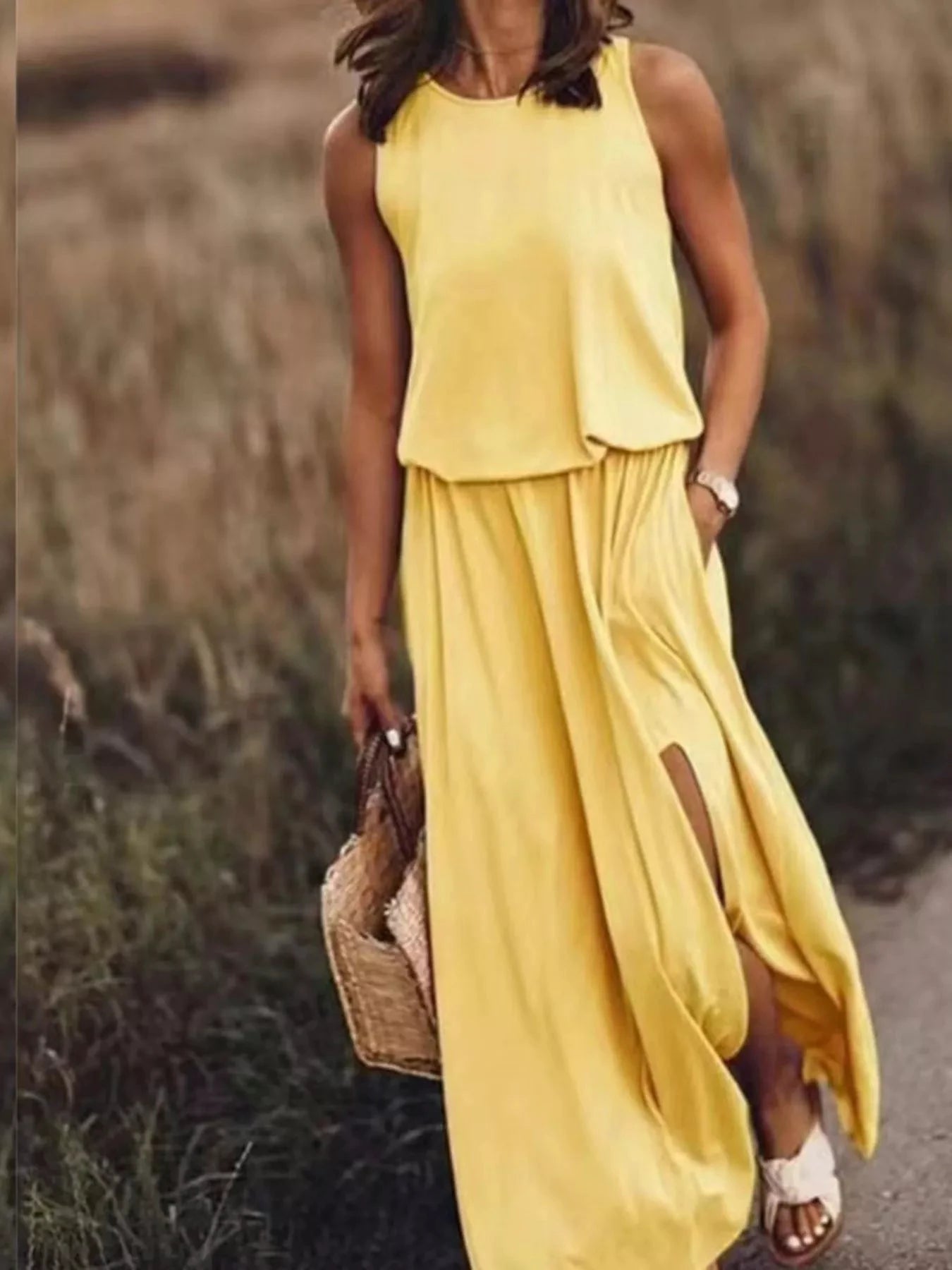 Full Size Round Neck Sleeveless Slit Maxi Dress Plus Size by Lady Ros
