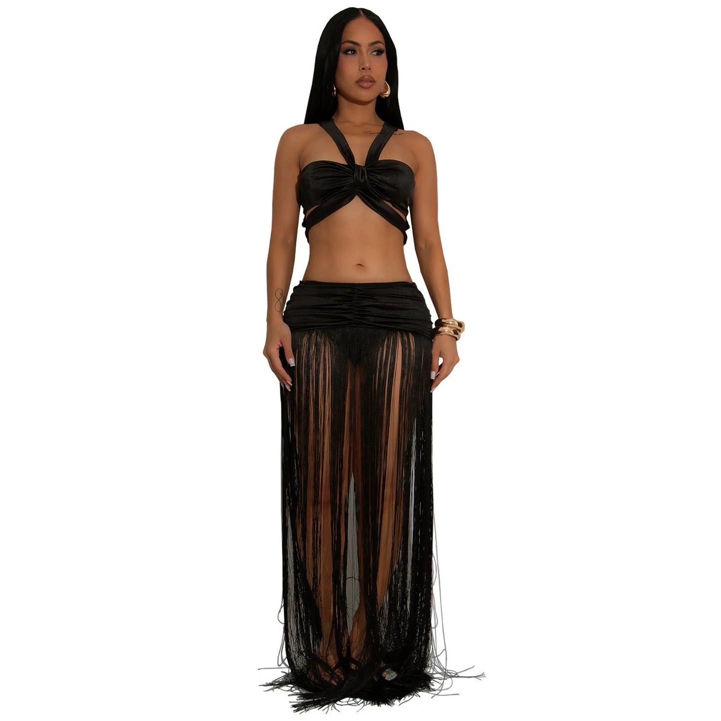 Sexy Shoulder Strap Top Tassel Skirt Two-piece Set by GJG Denim