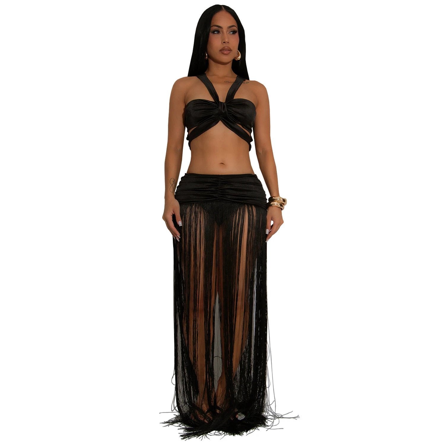 Sexy Shoulder Strap Top Tassel Skirt Two-piece Set by GJG Denim