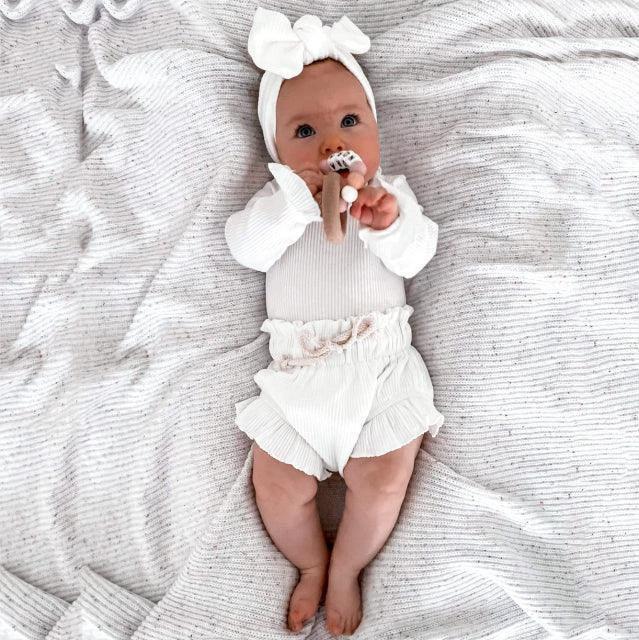 Rib Cotton Short Sleeve Wooden Ear Rompers Jumpsuit by GJG Denim