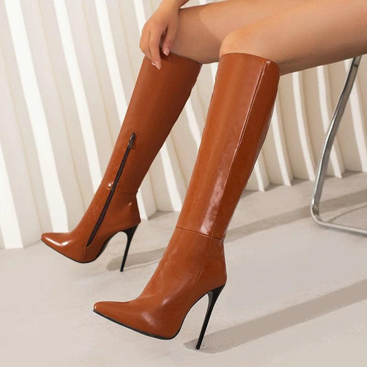 Autumn And Winter New Women Pointed Toe Stiletto Heel Side Zipper Below The Knee Boots by GJG Denim