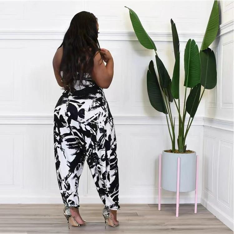 Plus Size Women's Halter Loose Lantern Sleeveless Print Jumpsuit by GJG Denim