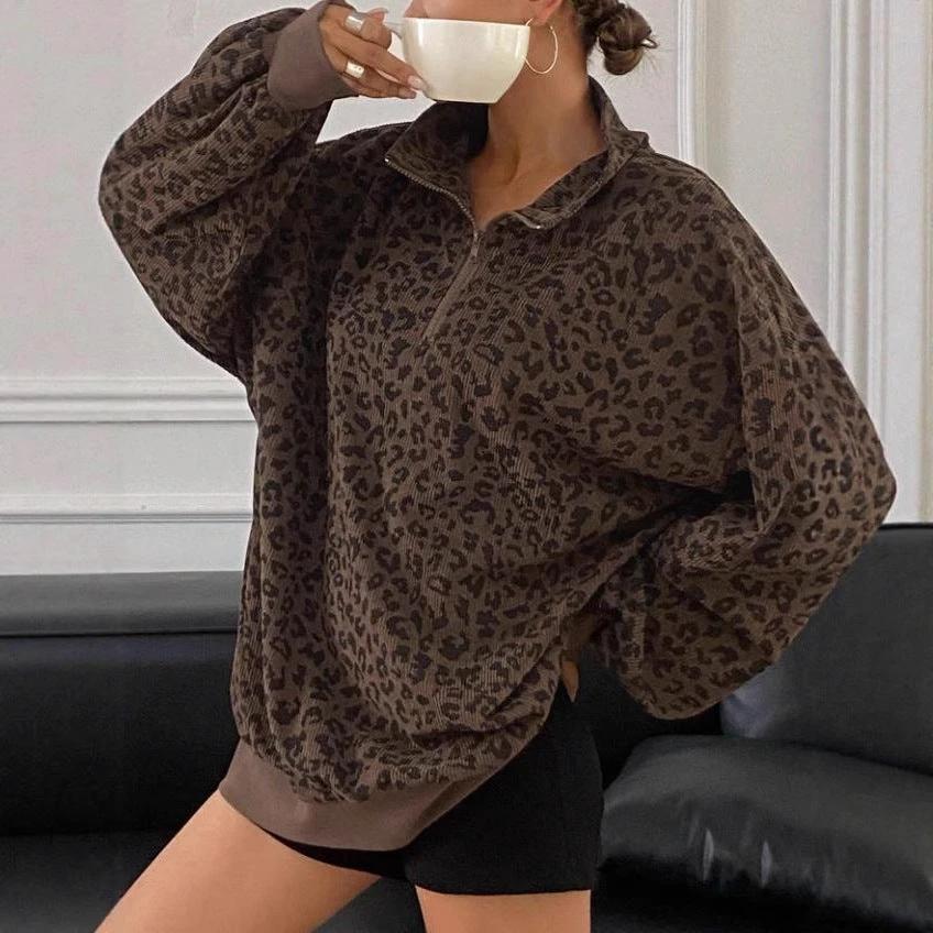 Casual Leopard Print Pattern Corduroy Zipper Sweater by GJG Denim