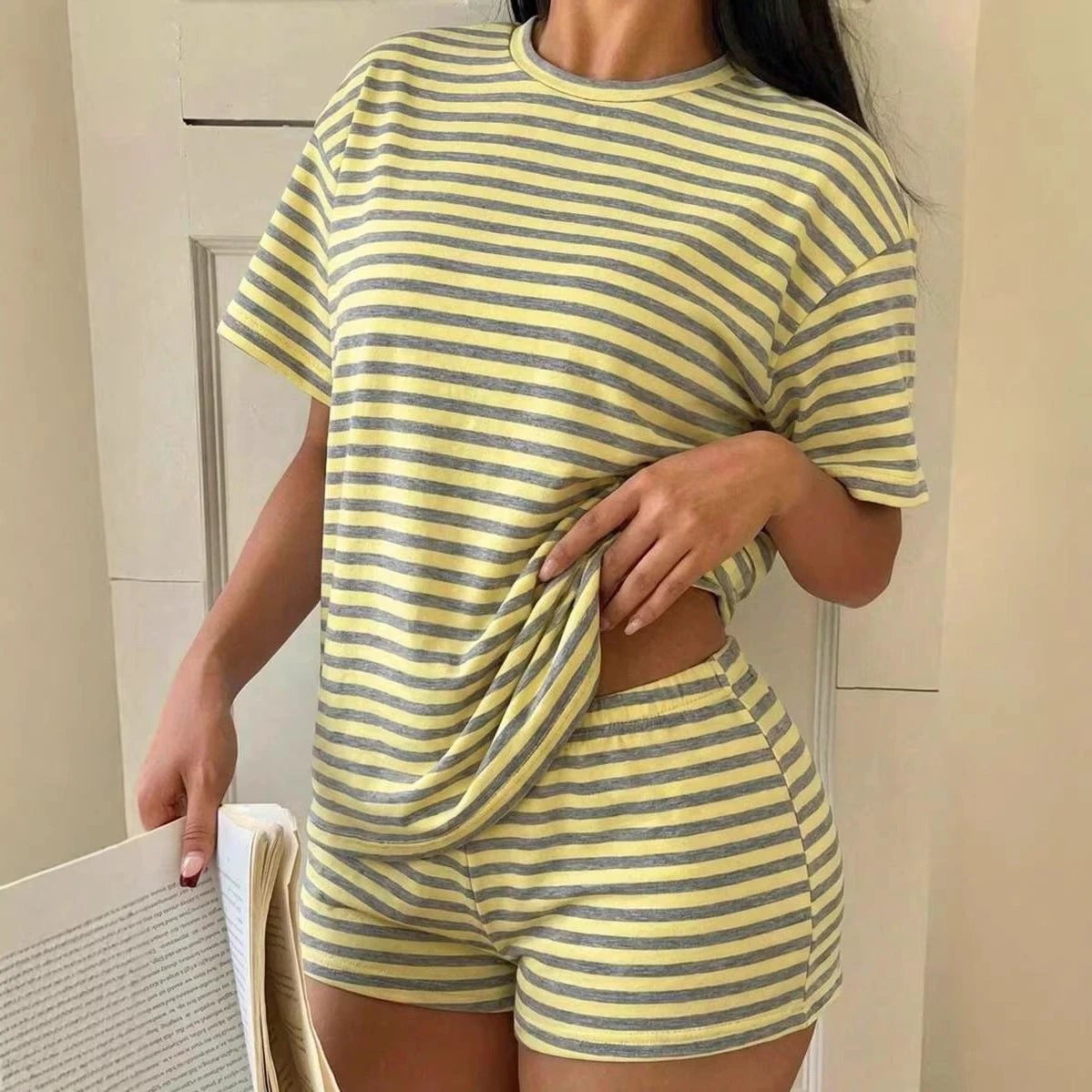 Striped Short-Sleeve T-Shirt Set Womens Fashion Summer by GJG Denim