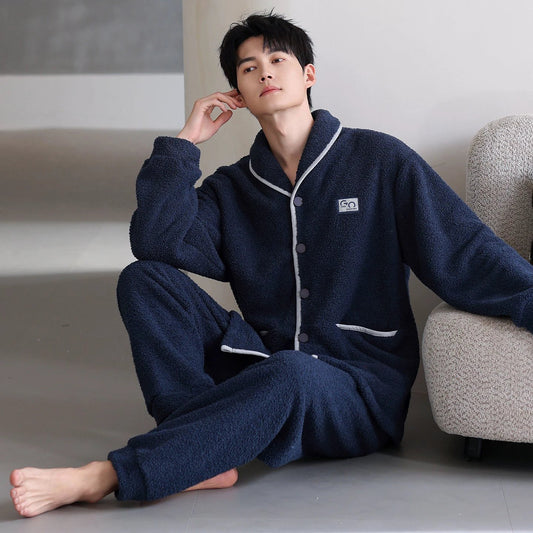 Men's Flannel Thick Warm Long Sleeves Fleece Pajama Set by GJG Denim