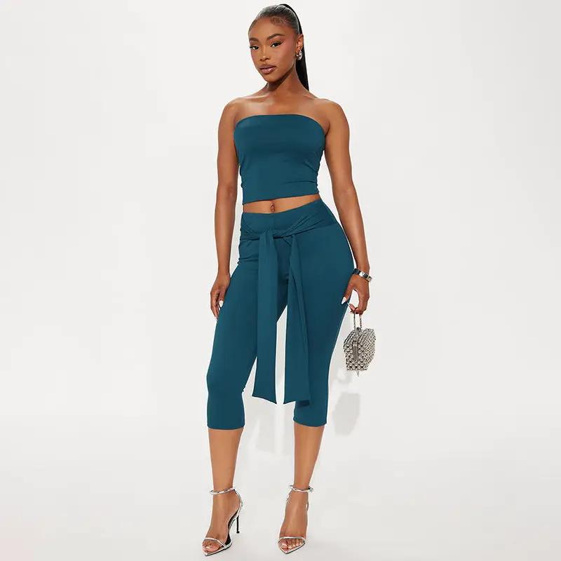 Womens Strapless Midriff-baring Top And High-waisted Cropped Pants Set by GJG Denim