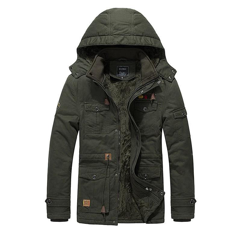 Men's Fleece Padded Mid-length Hooded Jacket by GJG Denim