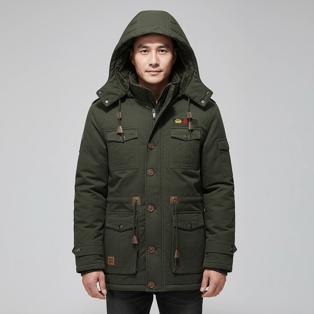 Men's Fleece Padded Mid-length Hooded Jacket by GJG Denim