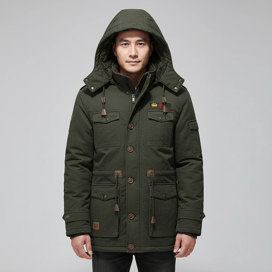 Men's Fleece Padded Mid-length Hooded Jacket by GJG Denim