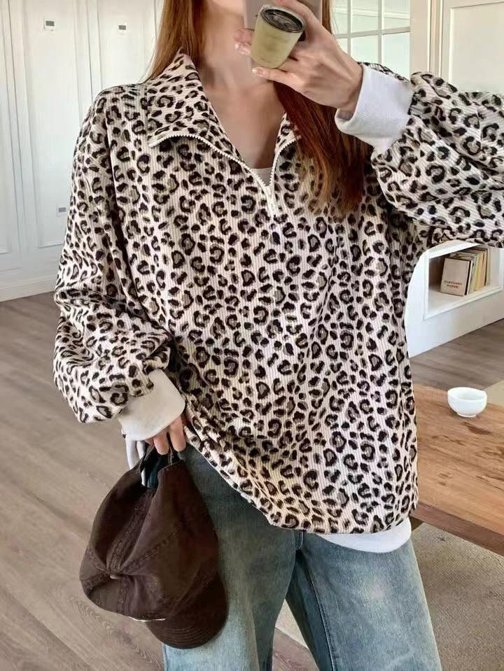 Casual Leopard Print Pattern Corduroy Zipper Sweater by GJG Denim