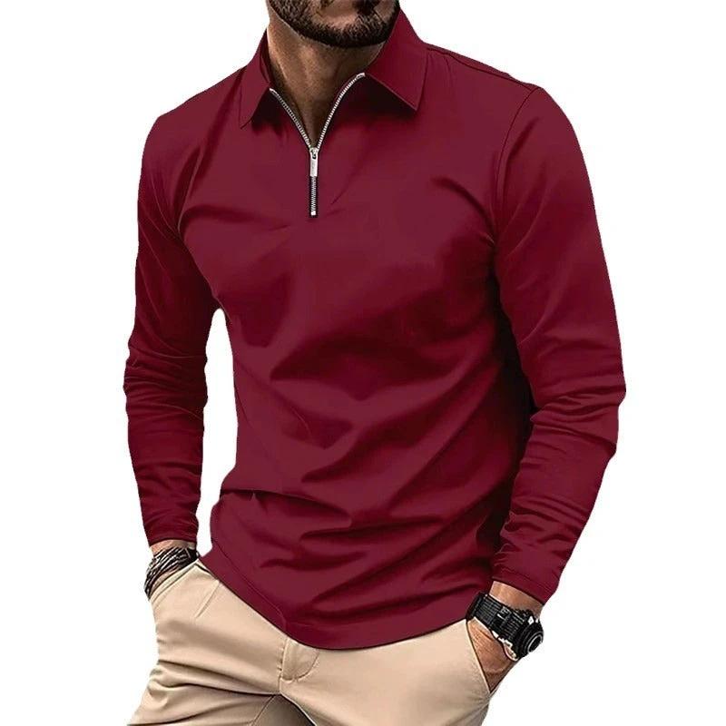 Zipper Men's Solid Color Long Sleeve Sports Polo Shirt by GJG Denim