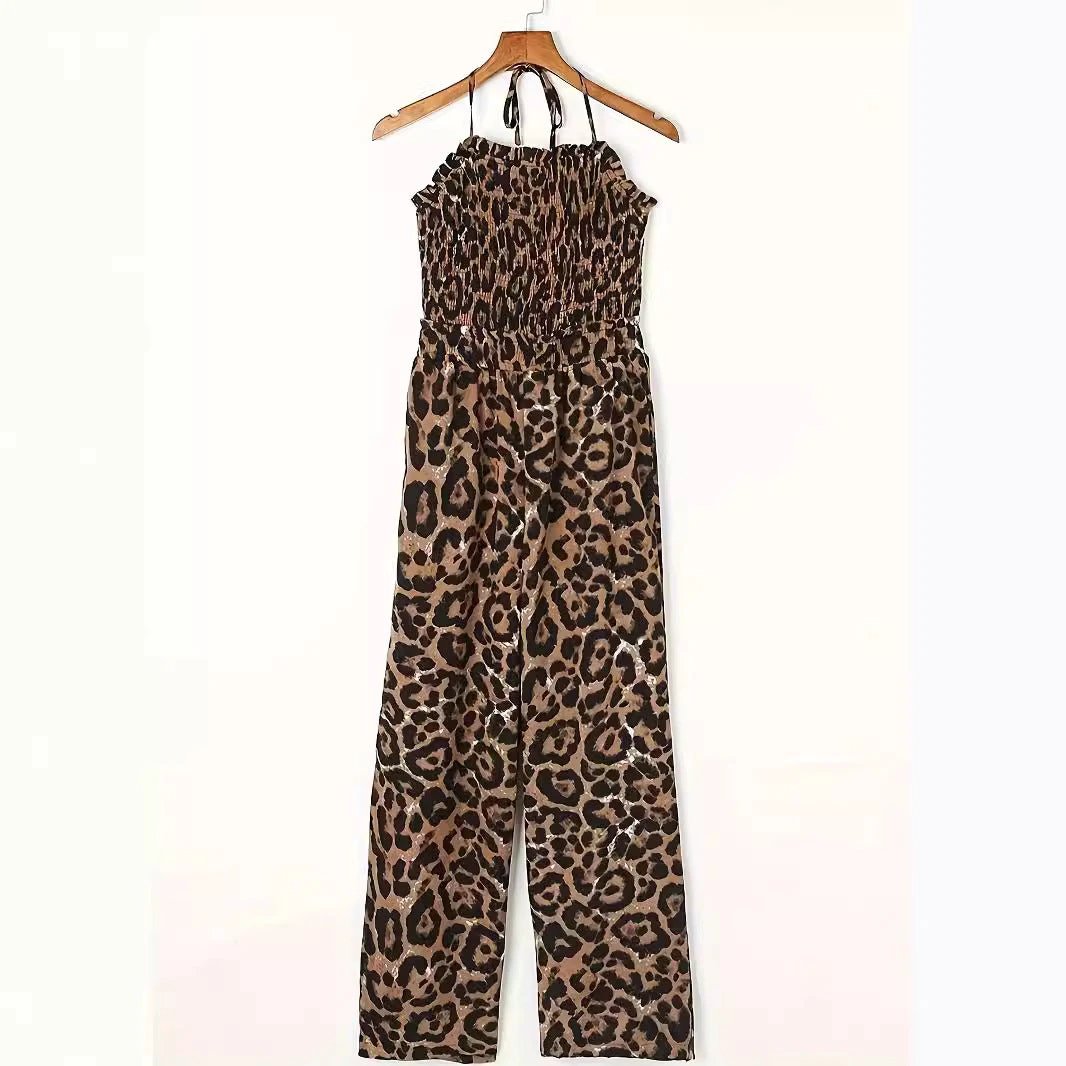 Women's Leopard Print Halter Backless Jumpsuit by GJG Denim