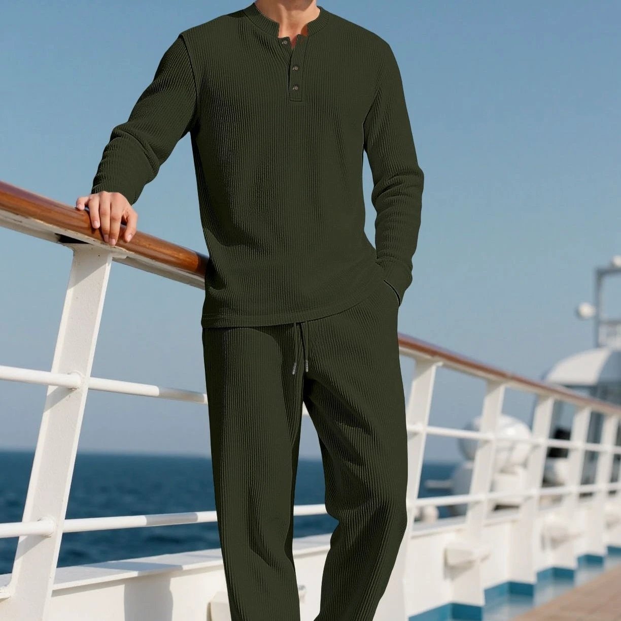 Men's Casual Solid Color Button Down Crew Neck Long-Sleeve Pants Set by GJG Denim