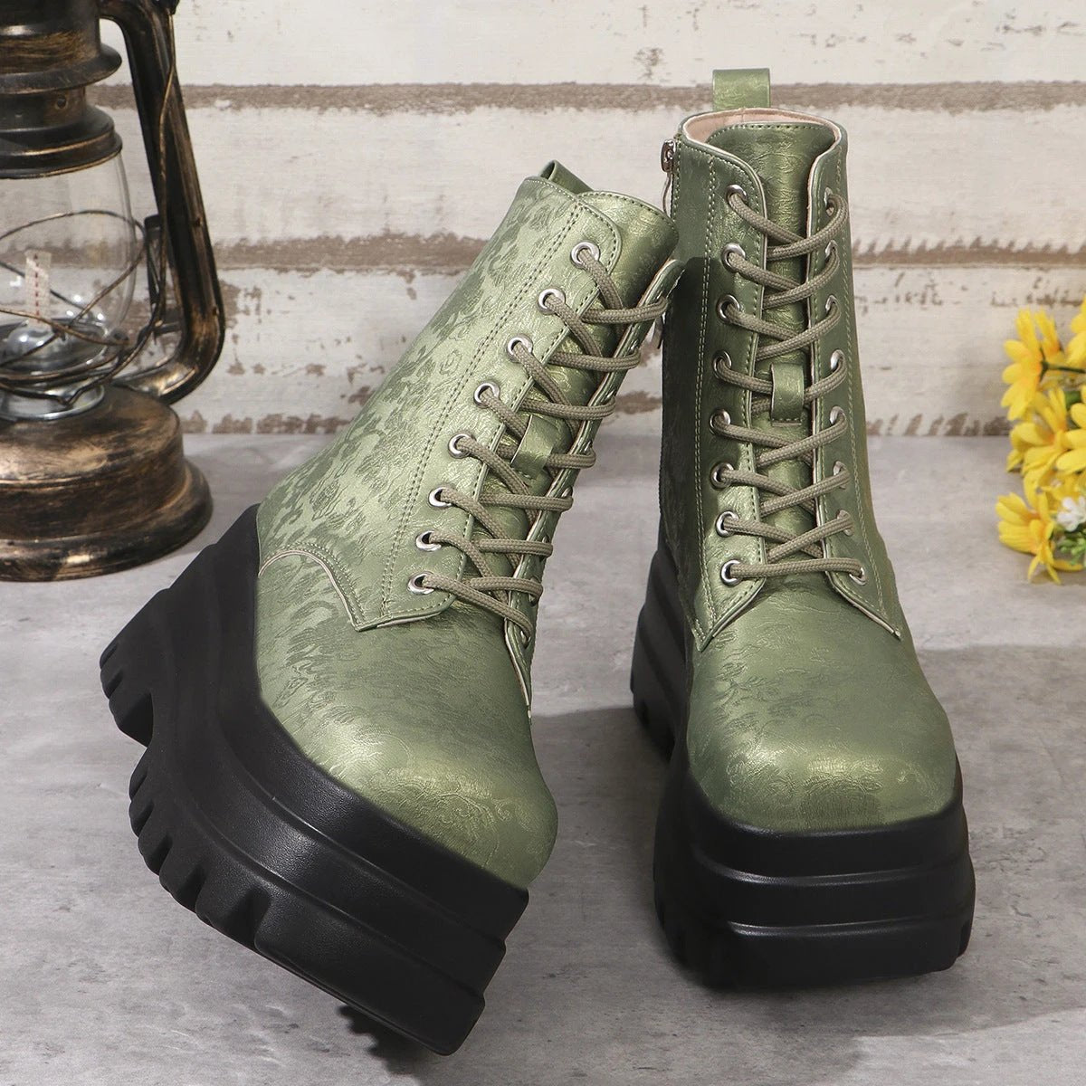 Women's Three-layer Platform Plus Round Toe Patchwork Retro Cool Martin Boots by GJG Denim