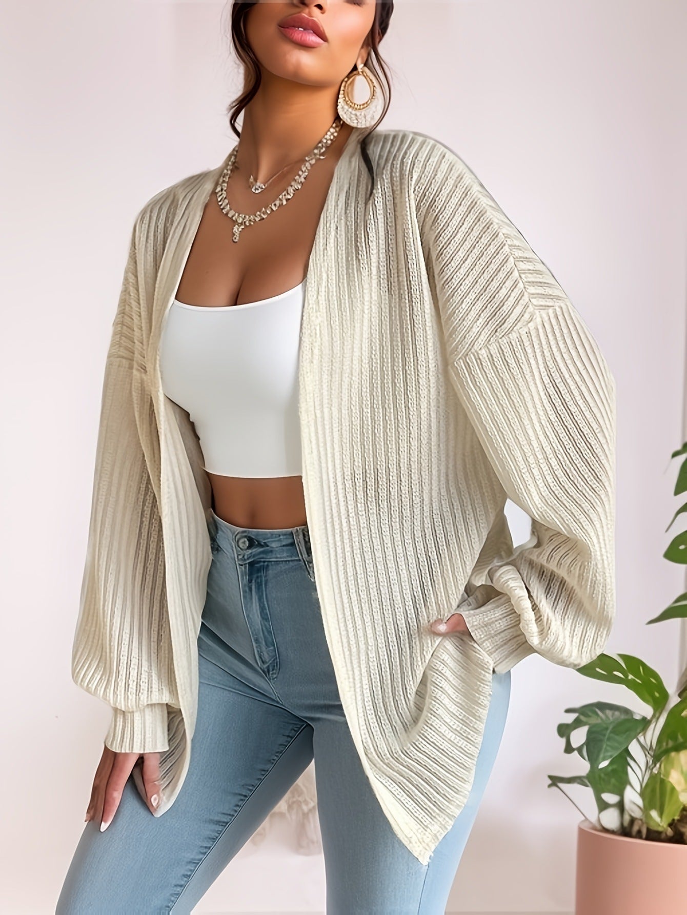 Knitted Cardigan Wide Shoulder Long Sleeve Top by GJG Denim